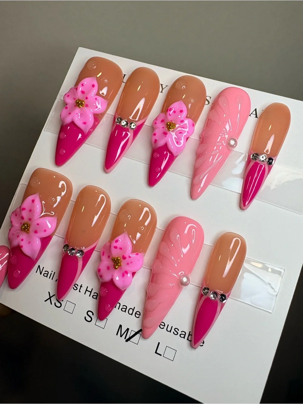 Floral Pink Stiletto Press-On Nails - Nude & Hot Pink